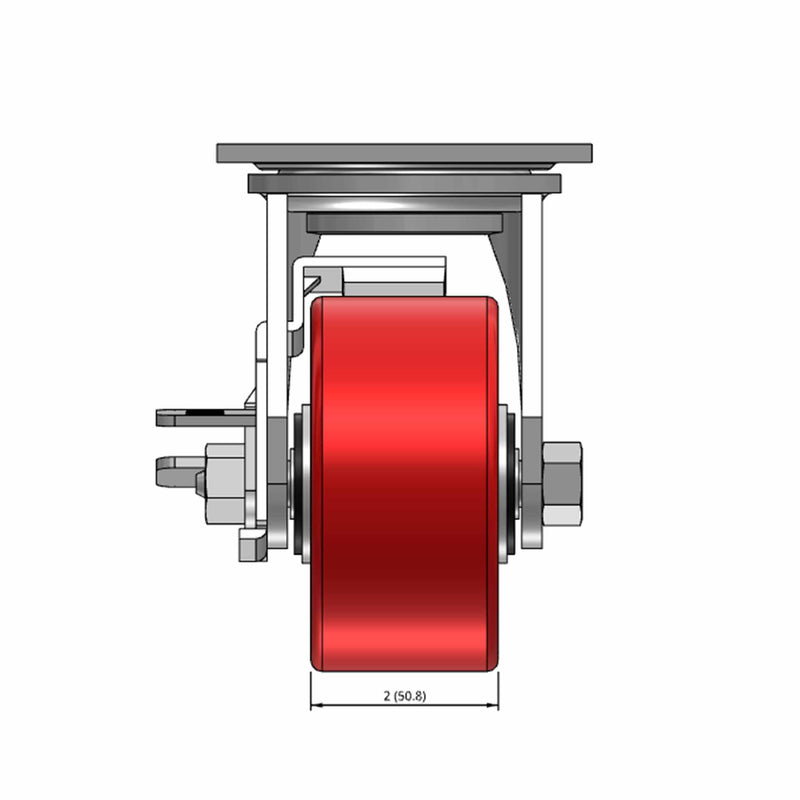Top dimensioned CAD view of a Pemco Casters 4" x 2" wide wheel Swivel caster with 4" x 4-1/2" top plate, with a side locking brake, Mold-on Poly wheel and 800 lb. capacity part