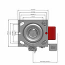 Side dimensioned CAD view of a Pemco Casters 4" x 2" wide wheel Swivel caster with 4" x 4-1/2" top plate, with a side locking brake, Mold-on Poly wheel and 800 lb. capacity part