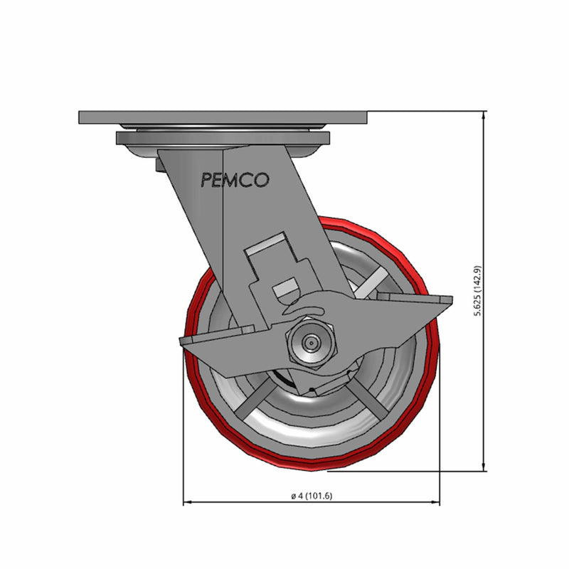 Front dimensioned CAD view of a Pemco Casters 4" x 2" wide wheel Swivel caster with 4" x 4-1/2" top plate, with a side locking brake, Mold-on Poly wheel and 800 lb. capacity part
