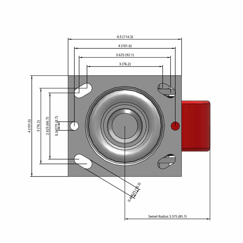 Side dimensioned CAD view of a Pemco Casters 4" x 2" wide wheel Swivel caster with 4" x 4-1/2" top plate, without a brake, Mold-on Poly wheel and 800 lb. capacity part