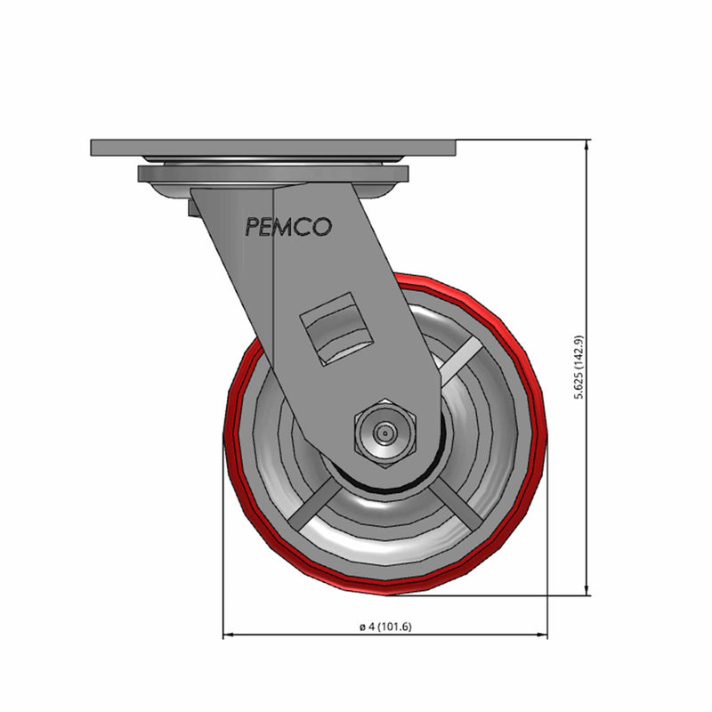 Front dimensioned CAD view of a Pemco Casters 4" x 2" wide wheel Swivel caster with 4" x 4-1/2" top plate, without a brake, Mold-on Poly wheel and 800 lb. capacity part
