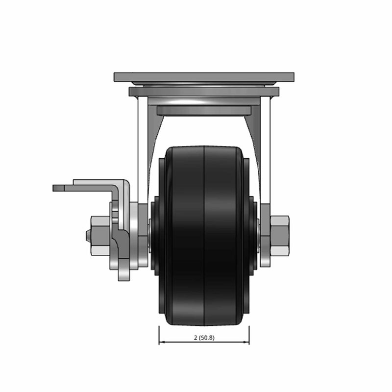 Top dimensioned CAD view of a Pemco Casters 4" x 2" wide wheel Swivel caster with 4" x 4-1/2" top plate, with a side locking brake, Mold-on Rubber wheel and 400 lb. capacity part