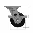 Front dimensioned CAD view of a Pemco Casters 4" x 2" wide wheel Swivel caster with 4" x 4-1/2" top plate, with a side locking brake, Mold-on Rubber wheel and 400 lb. capacity part