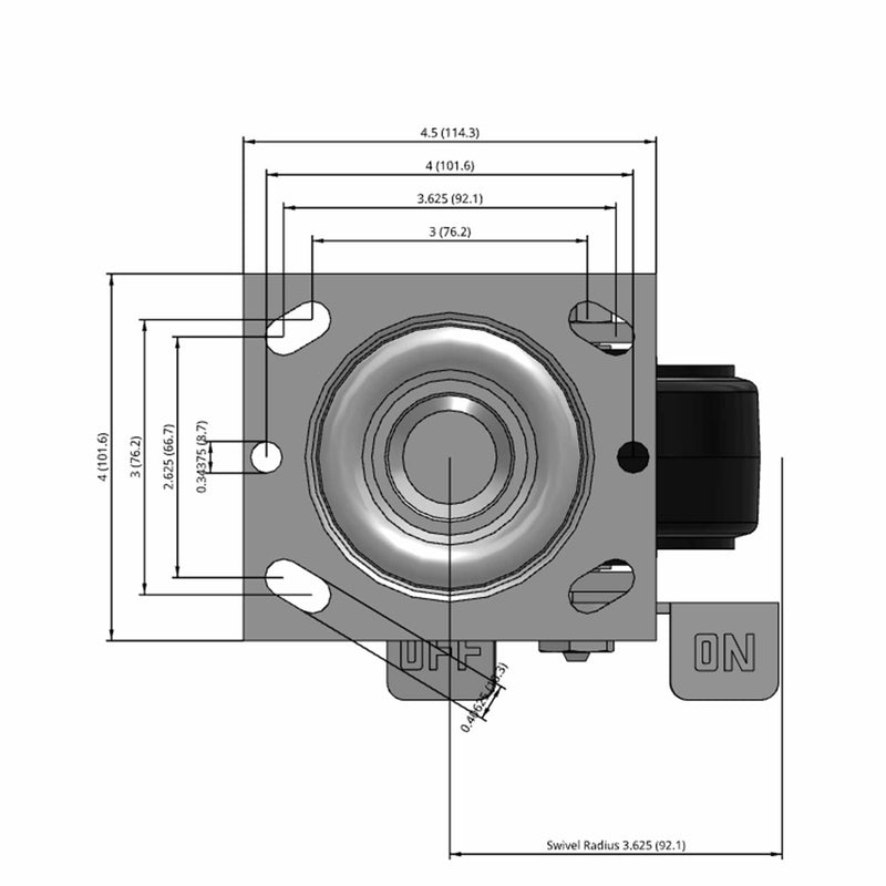 Side dimensioned CAD view of a Pemco Casters 4" x 2" wide wheel Swivel caster with 4" x 4-1/2" top plate, with a side locking brake, Mold-on Rubber wheel and 400 lb. capacity part