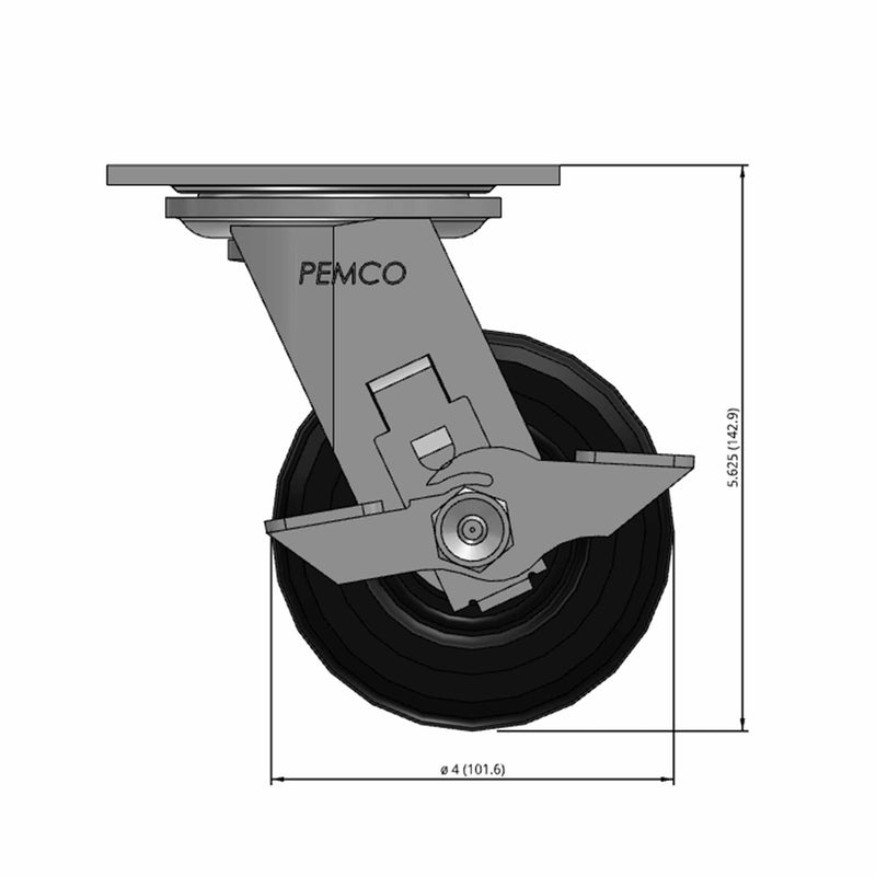 Front dimensioned CAD view of a Pemco Casters 4" x 2" wide wheel Swivel caster with 4" x 4-1/2" top plate, with a side locking brake, Mold-on Rubber wheel and 400 lb. capacity part