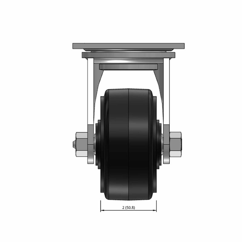 Top dimensioned CAD view of a Pemco Casters 4" x 2" wide wheel Swivel caster with 4" x 4-1/2" top plate, without a brake, Mold-on Rubber wheel and 400 lb. capacity part