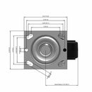 Side dimensioned CAD view of a Pemco Casters 4" x 2" wide wheel Swivel caster with 4" x 4-1/2" top plate, without a brake, Mold-on Rubber wheel and 400 lb. capacity part