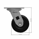 Front dimensioned CAD view of a Pemco Casters 4" x 2" wide wheel Swivel caster with 4" x 4-1/2" top plate, without a brake, Mold-on Rubber wheel and 400 lb. capacity part