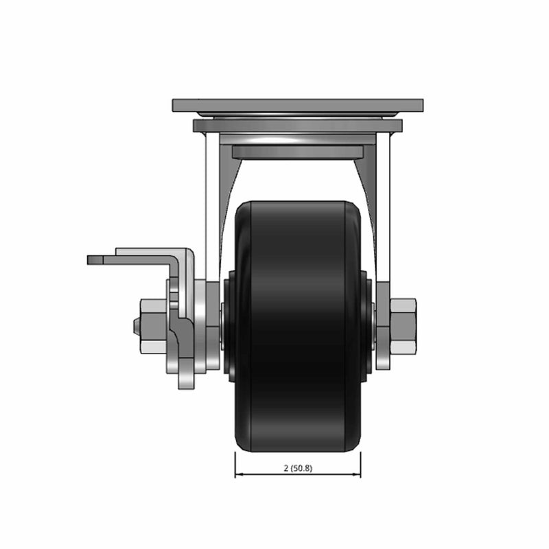 Top dimensioned CAD view of a Pemco Casters 4" x 2" wide wheel Swivel caster with 4" x 4-1/2" top plate, with a side locking brake, Phenolic wheel and 800 lb. capacity part