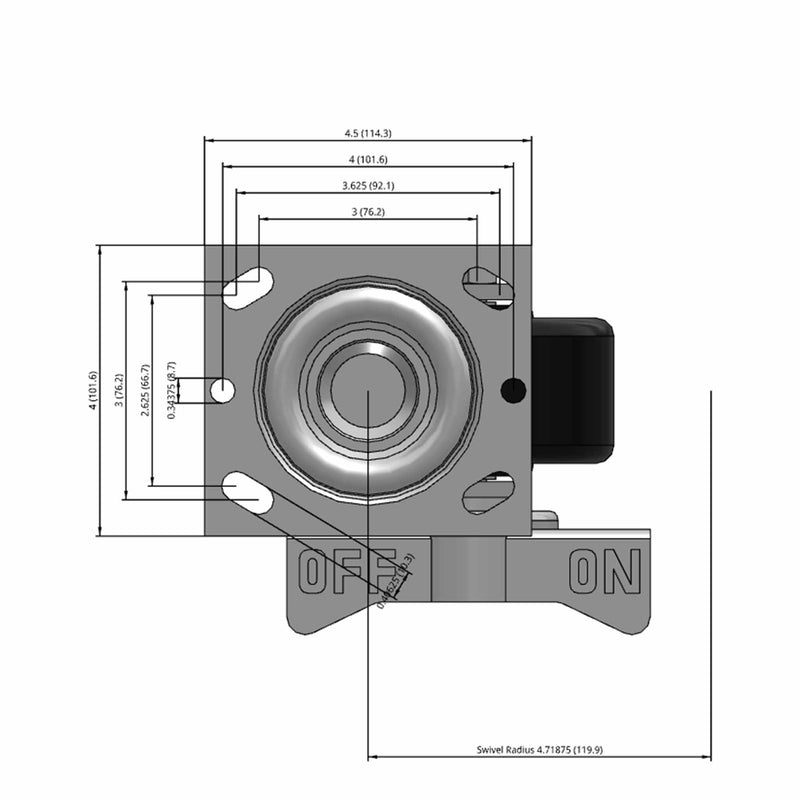 Side dimensioned CAD view of a Pemco Casters 4" x 2" wide wheel Swivel caster with 4" x 4-1/2" top plate, with a side locking brake, Phenolic wheel and 800 lb. capacity part