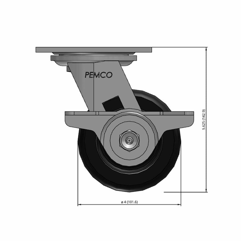 Front dimensioned CAD view of a Pemco Casters 4" x 2" wide wheel Swivel caster with 4" x 4-1/2" top plate, with a side locking brake, Phenolic wheel and 800 lb. capacity part