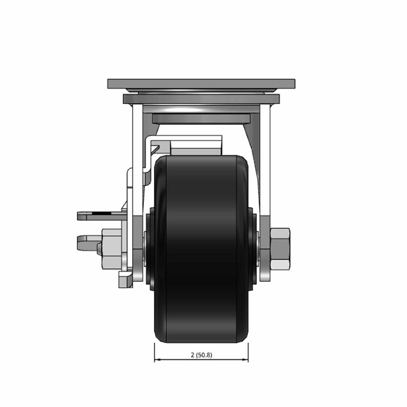 Top dimensioned CAD view of a Pemco Casters 4" x 2" wide wheel Swivel caster with 4" x 4-1/2" top plate, with a side locking brake, Phenolic wheel and 800 lb. capacity part