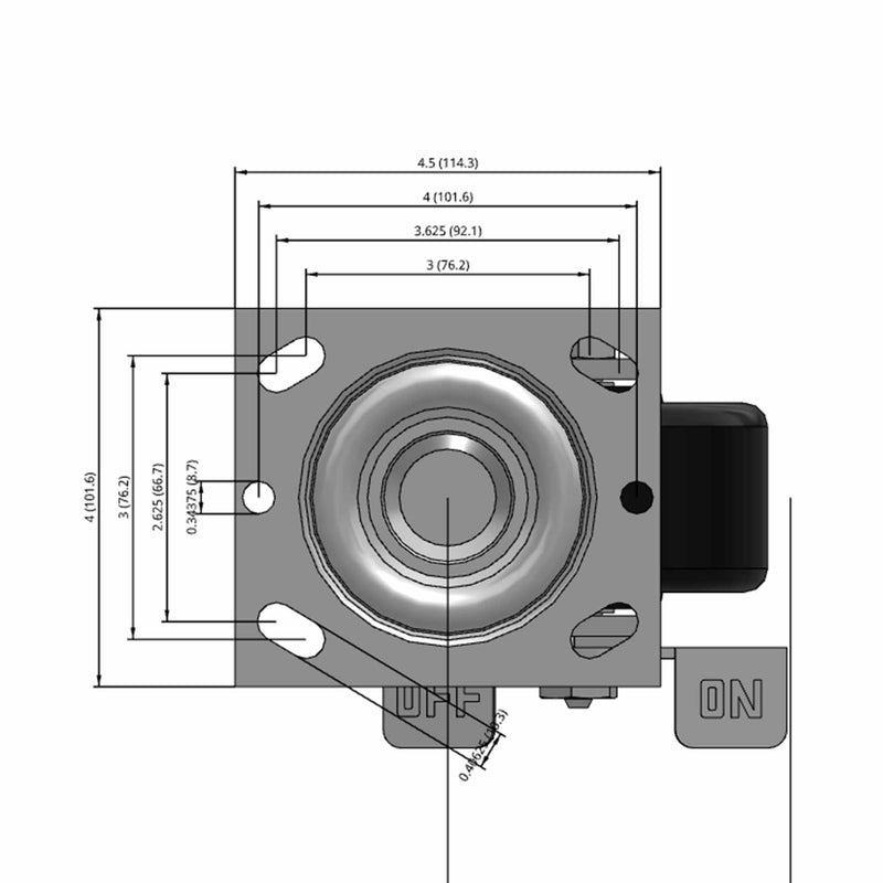 Side dimensioned CAD view of a Pemco Casters 4" x 2" wide wheel Swivel caster with 4" x 4-1/2" top plate, with a side locking brake, Phenolic wheel and 800 lb. capacity part