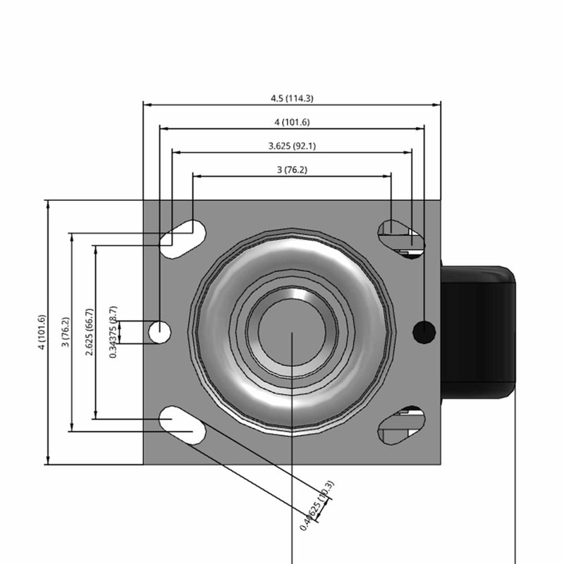 Side dimensioned CAD view of a Pemco Casters 4" x 2" wide wheel Swivel caster with 4" x 4-1/2" top plate, without a brake, Phenolic wheel and 800 lb. capacity part