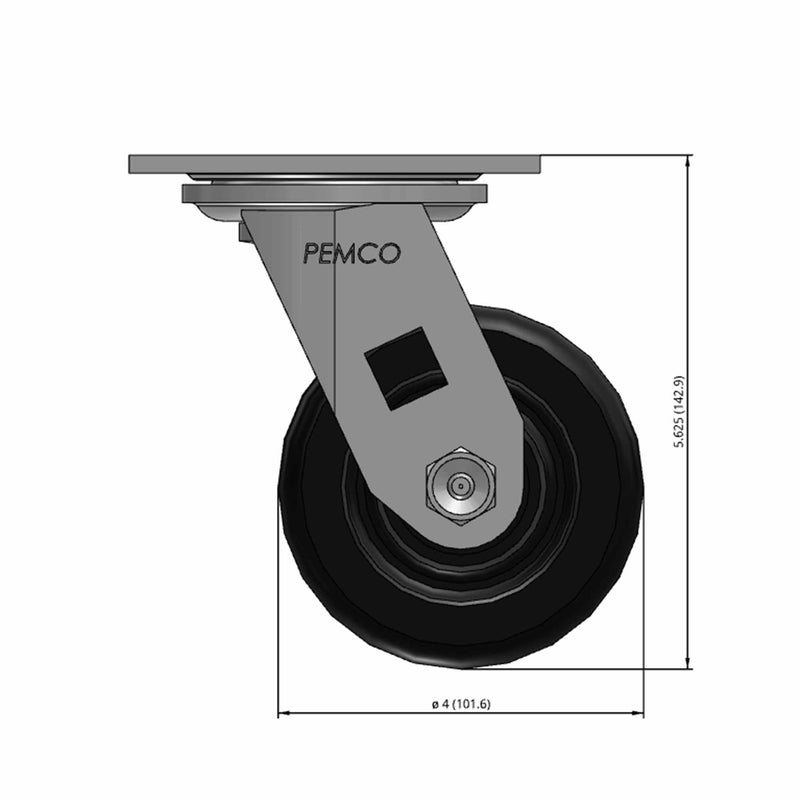 Front dimensioned CAD view of a Pemco Casters 4" x 2" wide wheel Swivel caster with 4" x 4-1/2" top plate, without a brake, Phenolic wheel and 800 lb. capacity part