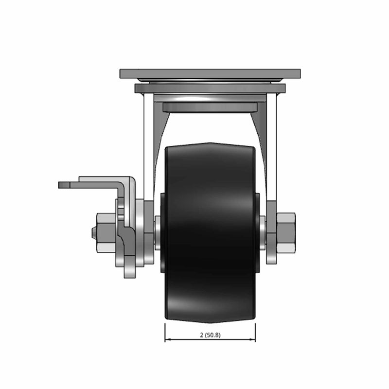 Top dimensioned CAD view of a Pemco Casters 4" x 2" wide wheel Swivel caster with 4" x 4-1/2" top plate, with a side locking brake, Polypropylene HD wheel and 500 lb. capacity part