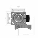 Side dimensioned CAD view of a Pemco Casters 4" x 2" wide wheel Swivel caster with 4" x 4-1/2" top plate, with a side locking brake, Polypropylene HD wheel and 500 lb. capacity part