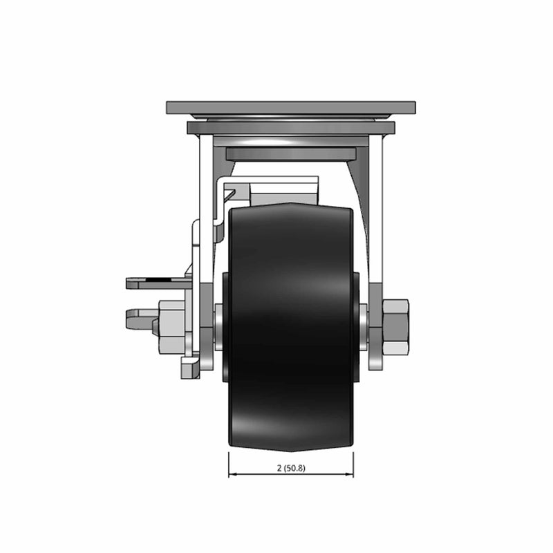 Top dimensioned CAD view of a Pemco Casters 4" x 2" wide wheel Swivel caster with 4" x 4-1/2" top plate, with a side locking brake, Polypropylene HD wheel and 500 lb. capacity part