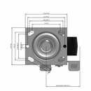 Side dimensioned CAD view of a Pemco Casters 4" x 2" wide wheel Swivel caster with 4" x 4-1/2" top plate, with a side locking brake, Polypropylene HD wheel and 500 lb. capacity part