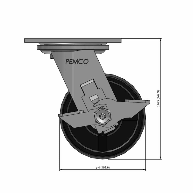 Front dimensioned CAD view of a Pemco Casters 4" x 2" wide wheel Swivel caster with 4" x 4-1/2" top plate, with a side locking brake, Polypropylene HD wheel and 500 lb. capacity part