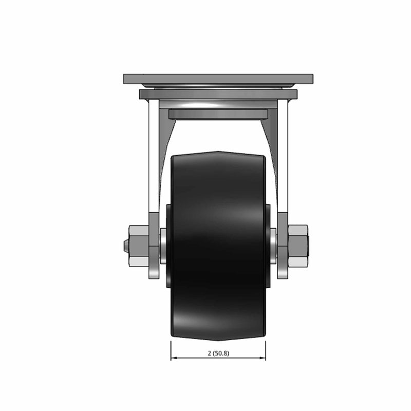 Top dimensioned CAD view of a Pemco Casters 4" x 2" wide wheel Swivel caster with 4" x 4-1/2" top plate, without a brake, Polypropylene HD wheel and 500 lb. capacity part
