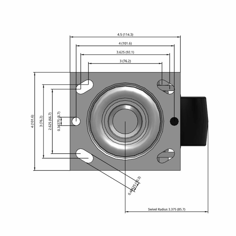Side dimensioned CAD view of a Pemco Casters 4" x 2" wide wheel Swivel caster with 4" x 4-1/2" top plate, without a brake, Polypropylene HD wheel and 500 lb. capacity part