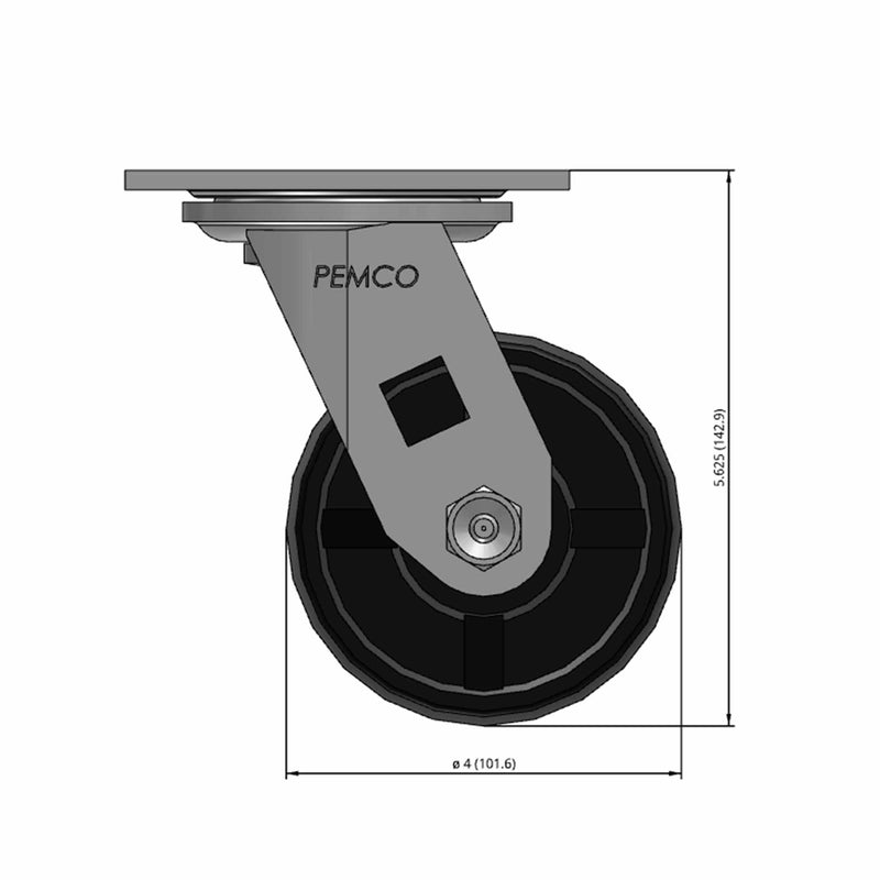 Front dimensioned CAD view of a Pemco Casters 4" x 2" wide wheel Swivel caster with 4" x 4-1/2" top plate, without a brake, Polypropylene HD wheel and 500 lb. capacity part