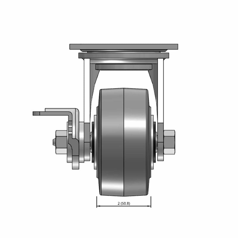 Top dimensioned CAD view of a Pemco Casters 4" x 2" wide wheel Swivel caster with 4" x 4-1/2" top plate, with a side locking brake, Thermo-Rubber (Flat) wheel and 300 lb. capacity part