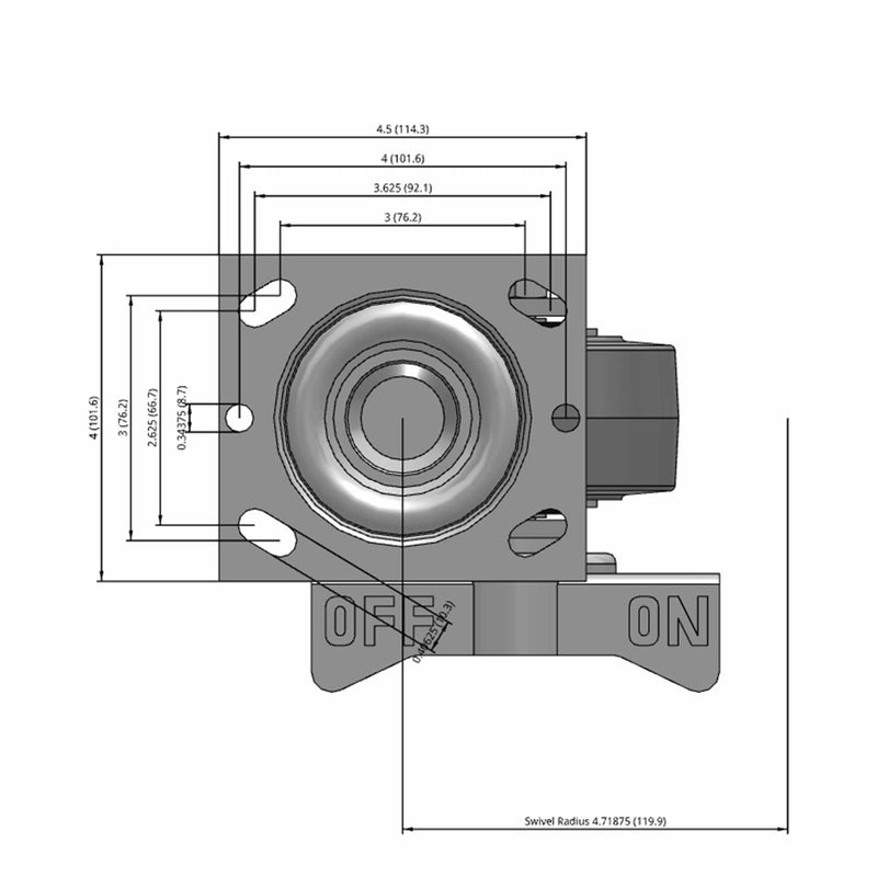 Side dimensioned CAD view of a Pemco Casters 4" x 2" wide wheel Swivel caster with 4" x 4-1/2" top plate, with a side locking brake, Thermo-Rubber (Flat) wheel and 300 lb. capacity part