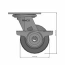 Front dimensioned CAD view of a Pemco Casters 4" x 2" wide wheel Swivel caster with 4" x 4-1/2" top plate, with a side locking brake, Thermo-Rubber (Flat) wheel and 300 lb. capacity part