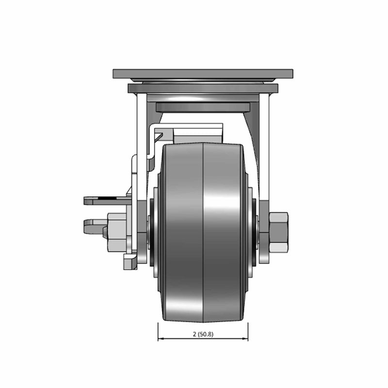 Top dimensioned CAD view of a Pemco Casters 4" x 2" wide wheel Swivel caster with 4" x 4-1/2" top plate, with a side locking brake, Thermo-Rubber (Flat) wheel and 300 lb. capacity part
