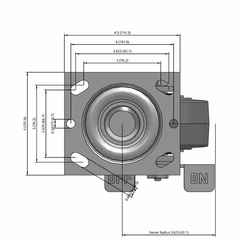 Side dimensioned CAD view of a Pemco Casters 4" x 2" wide wheel Swivel caster with 4" x 4-1/2" top plate, with a side locking brake, Thermo-Rubber (Flat) wheel and 300 lb. capacity part