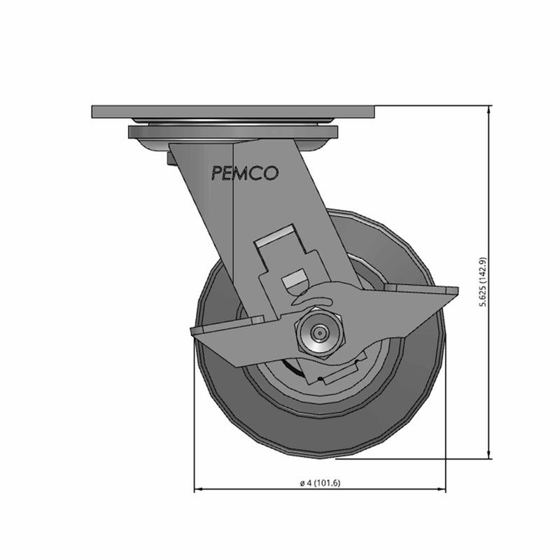Front dimensioned CAD view of a Pemco Casters 4" x 2" wide wheel Swivel caster with 4" x 4-1/2" top plate, with a side locking brake, Thermo-Rubber (Flat) wheel and 300 lb. capacity part