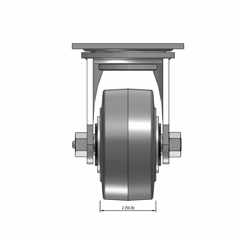 Top dimensioned CAD view of a Pemco Casters 4" x 2" wide wheel Swivel caster with 4" x 4-1/2" top plate, without a brake, Thermo-Rubber (Flat) wheel and 300 lb. capacity part