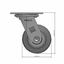 Front dimensioned CAD view of a Pemco Casters 4" x 2" wide wheel Swivel caster with 4" x 4-1/2" top plate, without a brake, Thermo-Rubber (Flat) wheel and 300 lb. capacity part