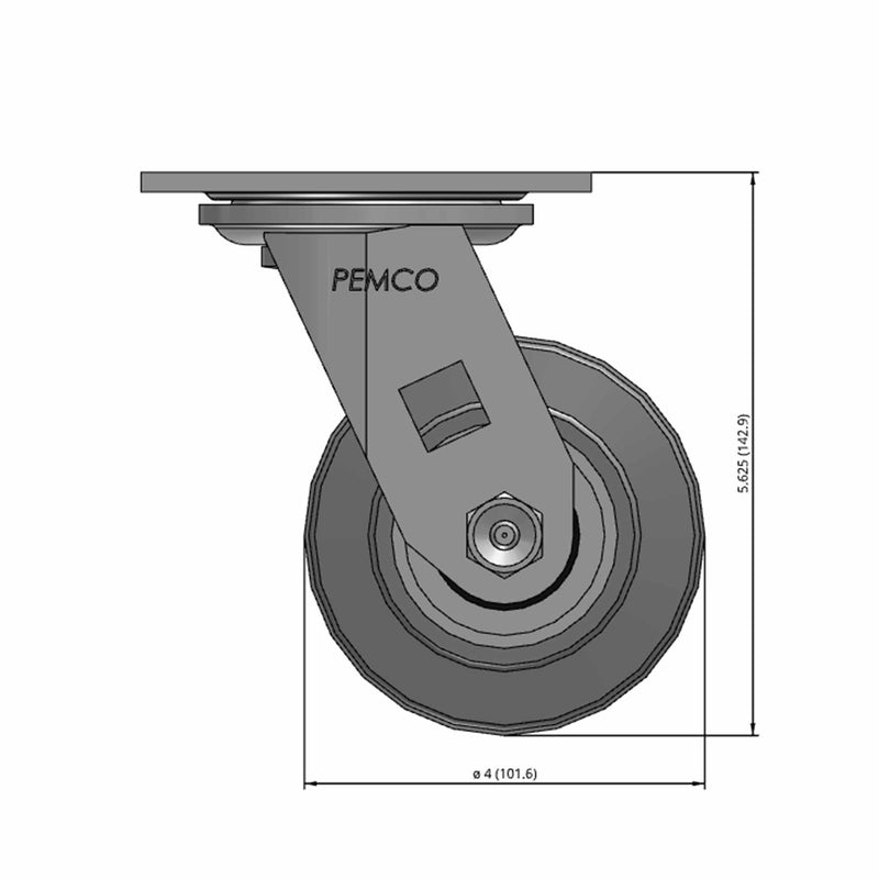Front dimensioned CAD view of a Pemco Casters 4" x 2" wide wheel Swivel caster with 4" x 4-1/2" top plate, without a brake, Thermo-Rubber (Flat) wheel and 300 lb. capacity part