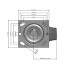 Side dimensioned CAD view of a Pemco Casters 4" x 2" wide wheel Swivel caster with 4" x 4-1/2" top plate, without a brake, Thermo-Rubber (Flat) wheel and 300 lb. capacity part