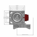 Side dimensioned CAD view of a Pemco Casters 4" x 2" wide wheel Swivel caster with 4" x 4-1/2" top plate, with a side locking brake, Thermo-Urethane wheel and 500 lb. capacity part