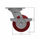 Front dimensioned CAD view of a Pemco Casters 4" x 2" wide wheel Swivel caster with 4" x 4-1/2" top plate, with a side locking brake, Thermo-Urethane wheel and 500 lb. capacity part