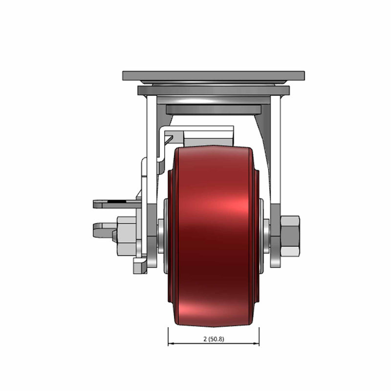 Top dimensioned CAD view of a Pemco Casters 4" x 2" wide wheel Swivel caster with 4" x 4-1/2" top plate, with a side locking brake, Thermo-Urethane wheel and 500 lb. capacity part
