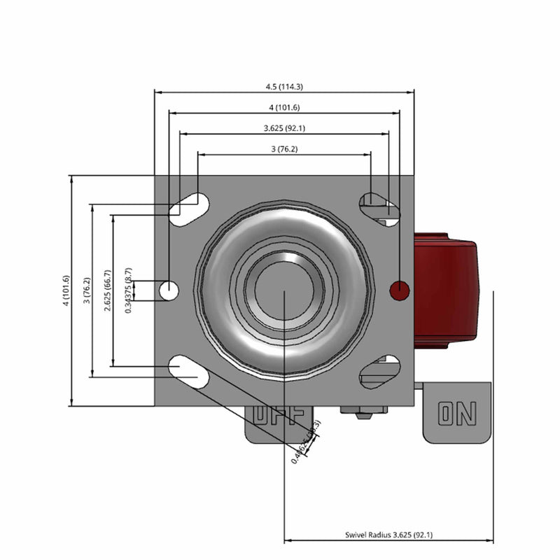Side dimensioned CAD view of a Pemco Casters 4" x 2" wide wheel Swivel caster with 4" x 4-1/2" top plate, with a side locking brake, Thermo-Urethane wheel and 500 lb. capacity part