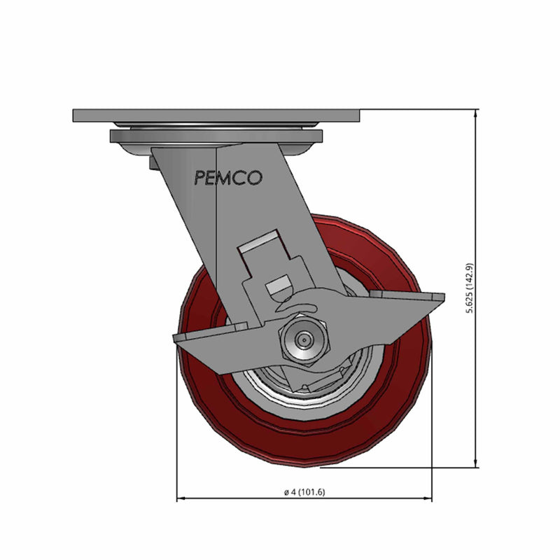 Front dimensioned CAD view of a Pemco Casters 4" x 2" wide wheel Swivel caster with 4" x 4-1/2" top plate, with a side locking brake, Thermo-Urethane wheel and 500 lb. capacity part
