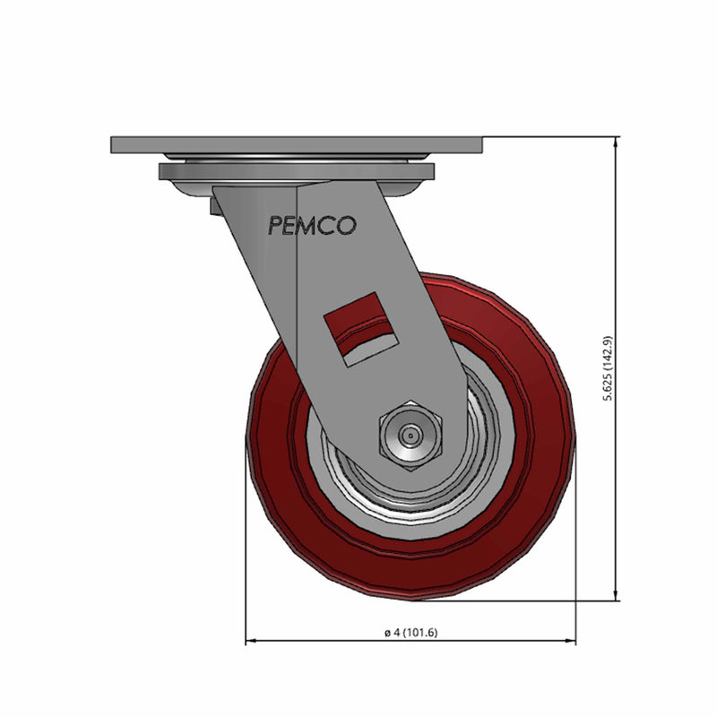 Front dimensioned CAD view of a Pemco Casters 4" x 2" wide wheel Swivel caster with 4" x 4-1/2" top plate, without a brake, Thermo-Urethane wheel and 500 lb. capacity part