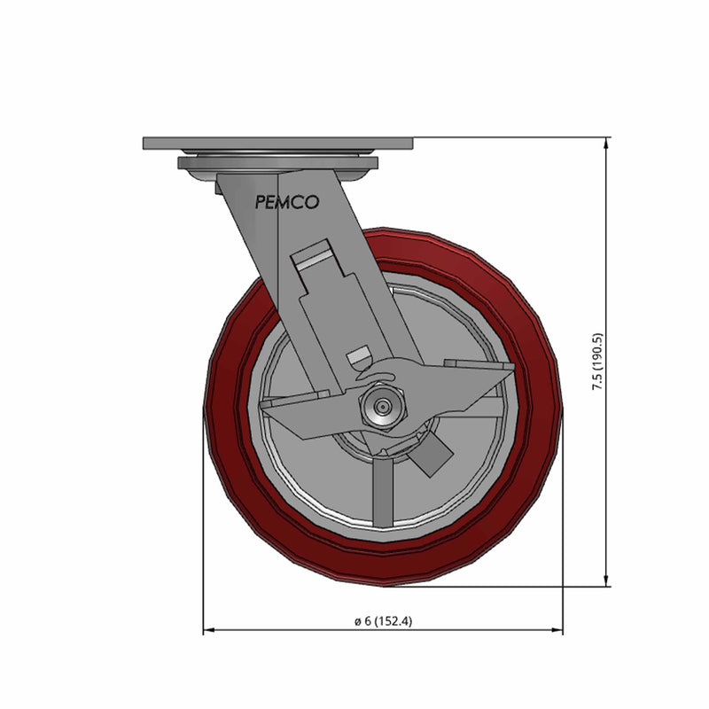 6"x2" TPU Maroon Wheel Side Locking Swivel Caster