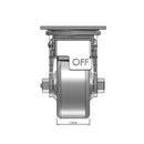 Top dimensioned CAD view of a Pemco Casters 4" x 2" wide wheel Swivel caster with 4" x 4-1/2" top plate, with a top total locking brake, Cast Iron wheel and 800 lb. capacity part