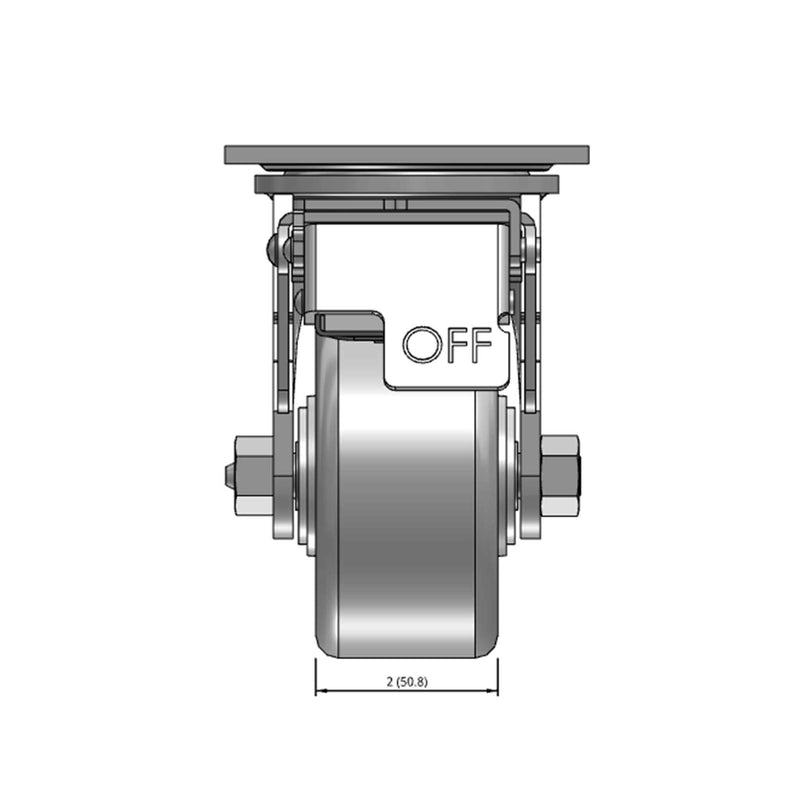 Top dimensioned CAD view of a Pemco Casters 4" x 2" wide wheel Swivel caster with 4" x 4-1/2" top plate, with a top total locking brake, Cast Iron wheel and 800 lb. capacity part