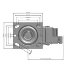 Side dimensioned CAD view of a Pemco Casters 4" x 2" wide wheel Swivel caster with 4" x 4-1/2" top plate, with a top total locking brake, Cast Iron wheel and 800 lb. capacity part