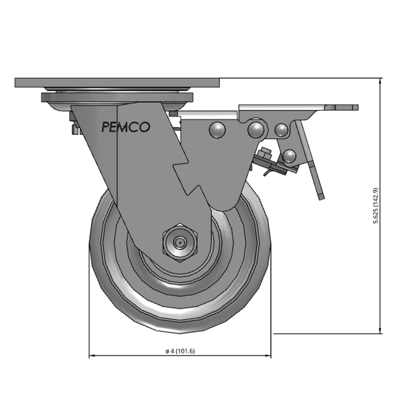 Front dimensioned CAD view of a Pemco Casters 4" x 2" wide wheel Swivel caster with 4" x 4-1/2" top plate, with a top total locking brake, Cast Iron wheel and 800 lb. capacity part