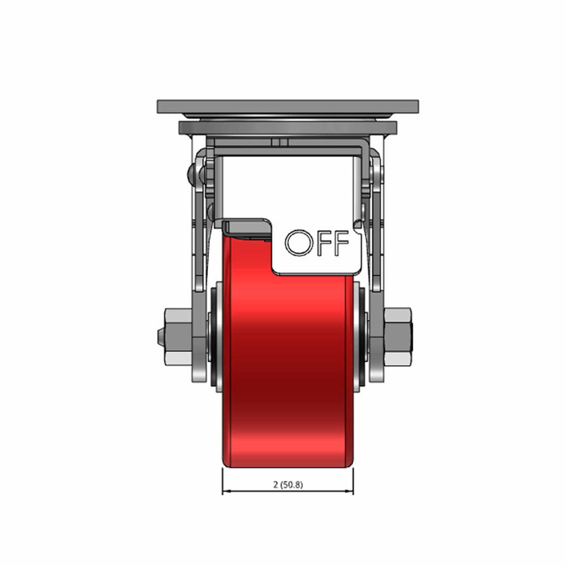 Top dimensioned CAD view of a Pemco Casters 4" x 2" wide wheel Swivel caster with 4" x 4-1/2" top plate, with a top total locking brake, Mold-on Poly wheel and 800 lb. capacity part