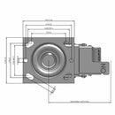 Side dimensioned CAD view of a Pemco Casters 4" x 2" wide wheel Swivel caster with 4" x 4-1/2" top plate, with a top total locking brake, Mold-on Poly wheel and 800 lb. capacity part